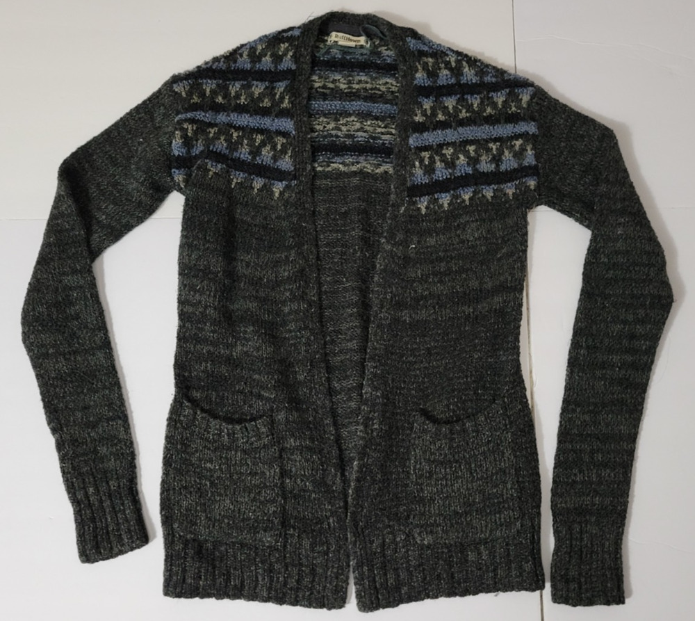 Ruff Hewn Womens PS Petite Gray Blue Fair Isle Wool Blend Open Cardigan Sweater